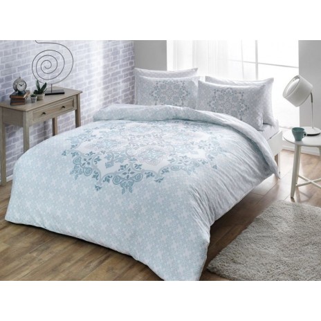 Lenjerie de pat Hazel din satin bleu cu design geometric elegant, set Tac
