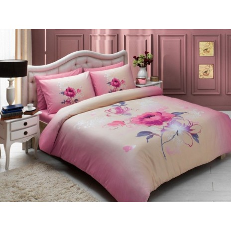 Lenjerie de pat din bumbac 100% satinat model Julian Roz cu design floral în nuanțe de roz și mov.