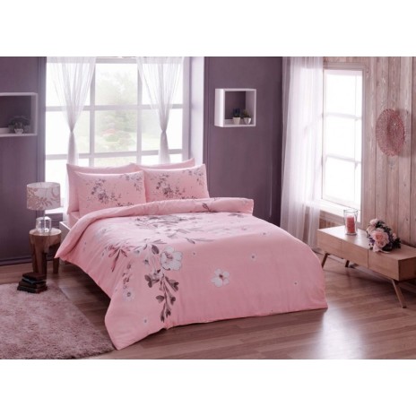 Lenjerie de pat din bumbac 100% satinat model Julissa Roz cu design floral delicat în nuanțe de roz și alb.