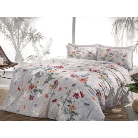 Lenjerie de pat Lucinda din satin gri cu design floral, set Tac