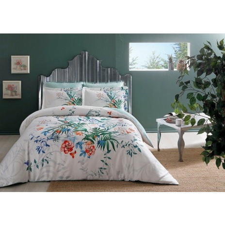 Lenjerie de pat TAC Aden bumbac satinat alb cu design tropical de flori și frunze