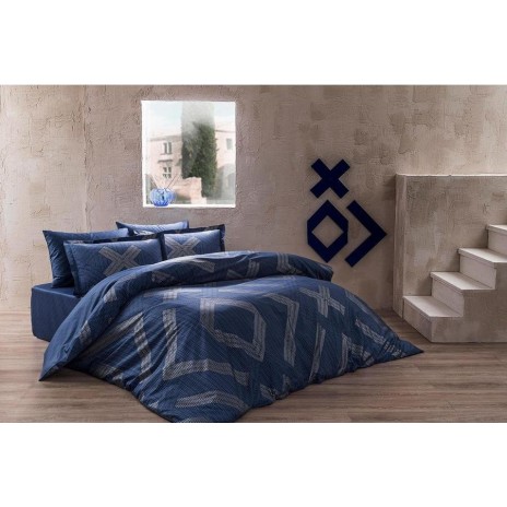 Lenjerie de pat TAC Belamy bumbac satinat albastru cu design geometric modern