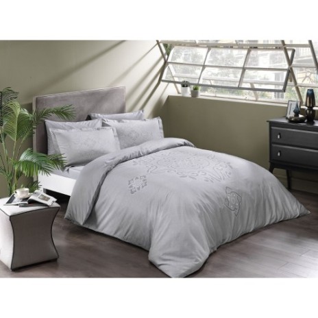 Lenjerie pat dublu Bruna gri cu model geometric din bumbac satinat