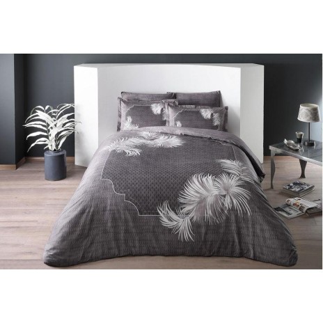 Lenjerie de pat TAC bumbac satinat gri închis cu design modern de frunze albe