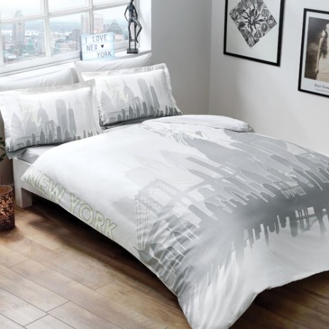 Lenjerie de pat TAC New York bumbac satinat alb și gri cu design urban fosforescent al siluetei orașului