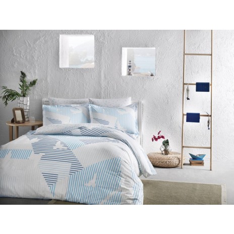Lenjerie de pat Tac din bumbac satin fosforescent, 6 piese, albastru și verde, cu design modern și inovator