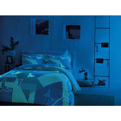 Lenjerie de pat Tac din bumbac satin fosforescent, 6 piese, albastru și verde, cu design modern și inovator