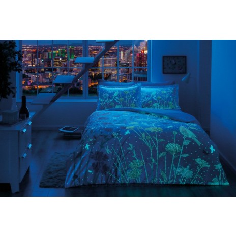 Lenjerie de pat Tac din bumbac satinat fosforescent, 6 piese, alb și albastru, cu design floral elegant și modern