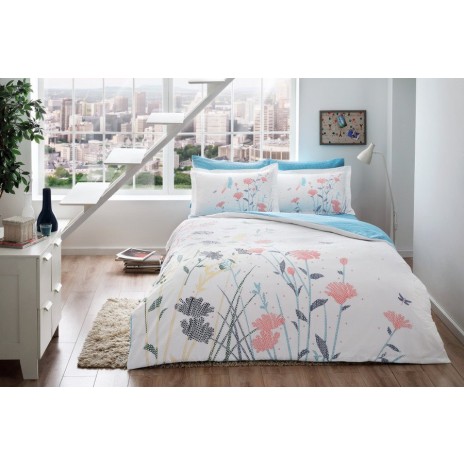 Lenjerie de pat Tac din bumbac satinat fosforescent, 6 piese, alb și albastru, cu design floral elegant și modern