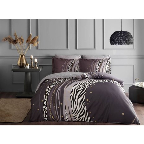 Lenjerie de pat dublu satin de lux TAC model Morea gri-antracit cu imprimeu zebra și buline, fabricată din 100% bumbac satinat.