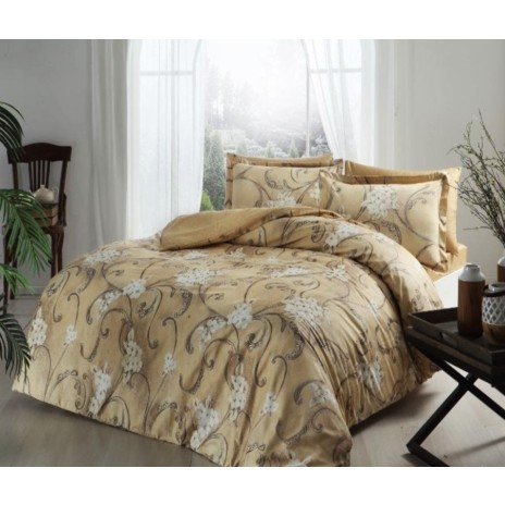 Lenjerie de pat dublu satin de lux TAC model Senja cappuccino cu design floral, fabricată din 100% bumbac satinat.