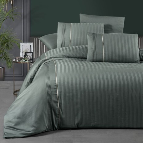 Lenjerie de pat Modalife verde cu dungi satinate, 6 piese, bumbac 100% satin de lux, ambalaj cadou