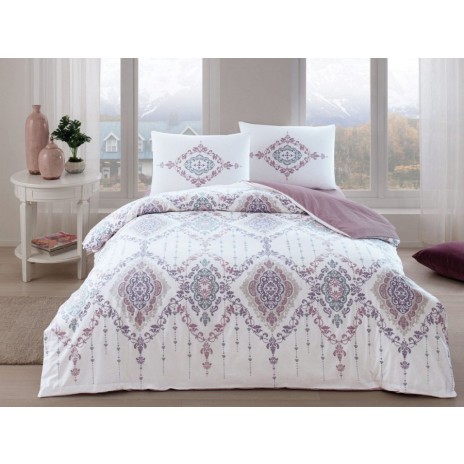 Lenjerie de pat Tac alb și lila cu modele florale și geometrice elegante