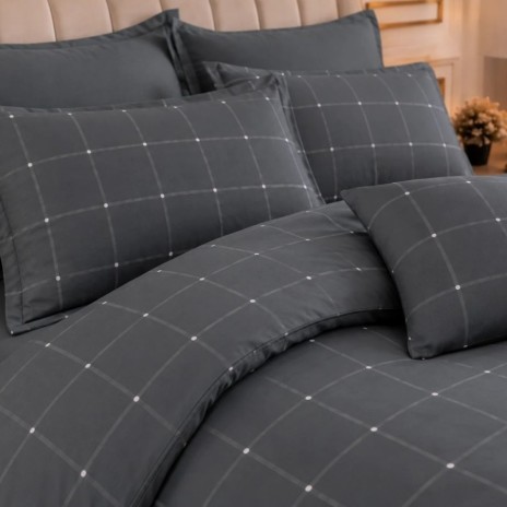 Lenjerie finet cu elastic 6 piese Carouri gri, model geometric cu linii albe pe fundal gri antracit, cu cearsaf uni gri