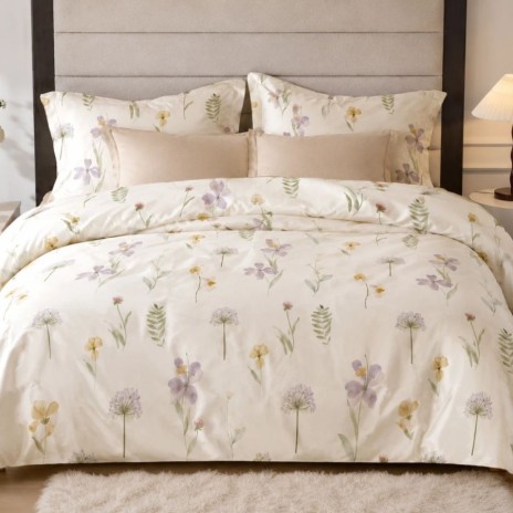 Lenjerie finet cu elastic 6 piese Flori de camp pastel, model floral delicat in nuante pastelate, cu cearsaf uni bej deschis