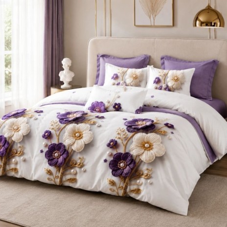 Lenjerie finet cu elastic 6 piese Flori mov si crem, model floral elegant in nuante de mov, crem si lila, cu cearsaf uni mov lila