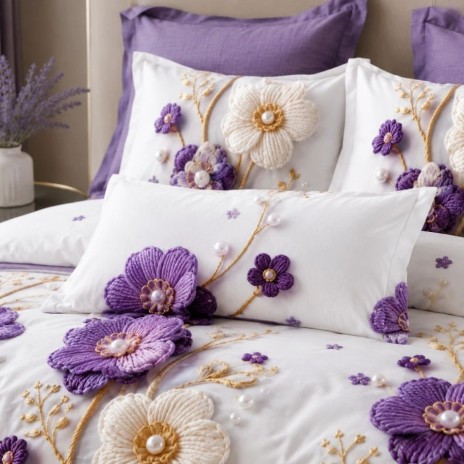 Lenjerie finet cu elastic 6 piese Flori mov si crem, model floral elegant in nuante de mov, crem si lila, cu cearsaf uni mov lila