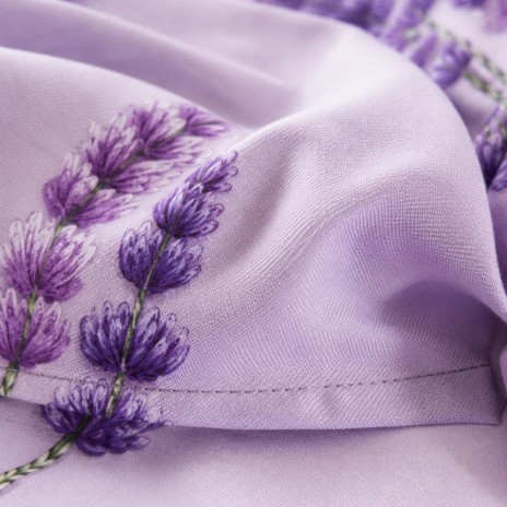 Lenjerie finet cu elastic 6 piese Lavanda, model cu flori de lavanda mov pe fundal lila deschis, cu cearsaf uni lila