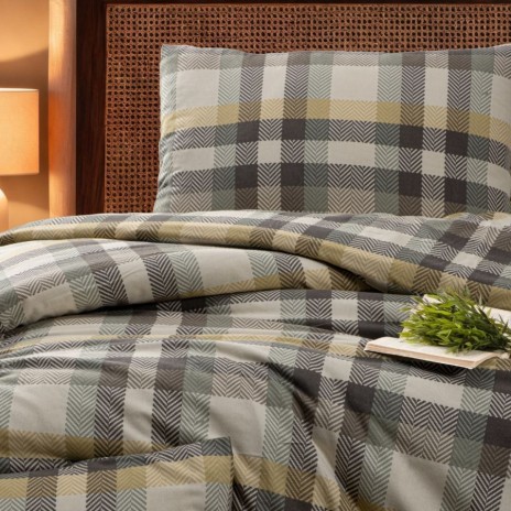 Lenjerie de pat flanel Delvin maro mink First Choice, carouri crem, maro-gri si antracit cu accente ocru, cearsaf de pat uni