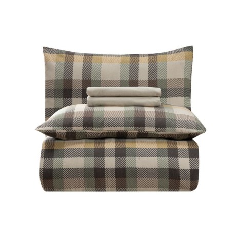 Lenjerie de pat flanel Delvin maro mink First Choice, carouri crem, maro-gri si antracit cu accente ocru, cearsaf de pat uni