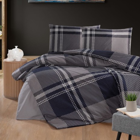 Lenjerie de pat dublu flanel Veldor albastru marin, cu model geometric, bumbac 100% calduroasa