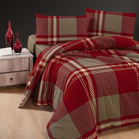 Lenjerie de pat dublu flanel Veldor Bordo, cu model geometric, bumbac 100% calduroasa