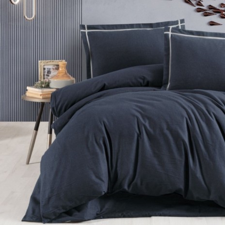 Lenjerie de pat dublu flanel Soprano Albastru, uni, bumbac 100% calduroasa si moale