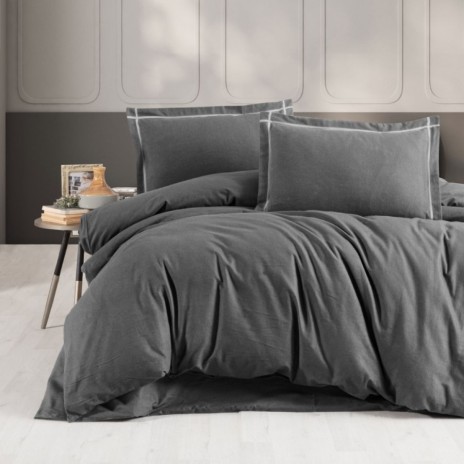 Lenjerie de pat dublu flanel Soprano Antracit, uni, bumbac 100% calduroasa si moale