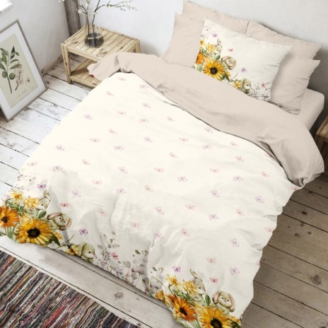 Lenjerie de pat Mochi cu design de Paște, iepurasi, fluturi și floarea soarelui, pentru o persoană, de la Club Cotton
