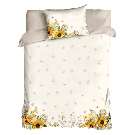 Lenjerie de pat Mochi cu design de Paște, iepurasi, fluturi și floarea soarelui, pentru o persoană, de la Club Cotton