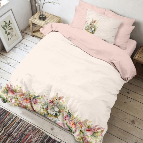 Lenjerie de pat 1 persoană, bumbac 100%, model pascal Vinca, imprimeu floral și iepuraș
