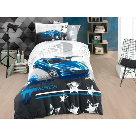 Lenjerie pat 1 persoana bumbac poplin Fast Track Blue, masina sport, Hobby Home