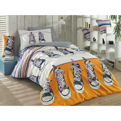 Lenjerie de pat 1 persoană galbenă cu design de bascheți și dungi colorate, din bumbac 100% poplin, set de 3 piese