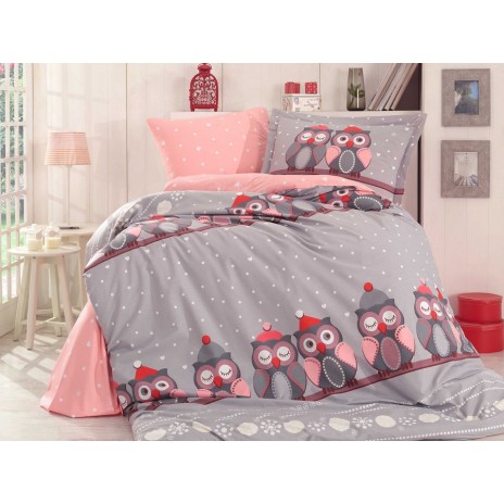 Lenjerie de pat 1 persoană gri cu model bufnițe, din bumbac 100% poplin, set de 3 piese