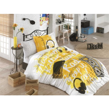 Lenjerie de pat 1 persoană galbenă cu căști și text muzical, din bumbac 100% poplin, set de 3 piese