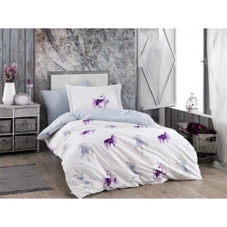 Lenjerie pat 1 persoană bumbac 100% poplin, Hobby Home, Unicorn Mia - Damson