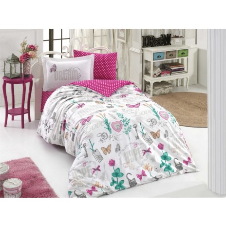 Lenjerie de pat 1 persoană fuchsia cu fluturi și elemente decorative, din bumbac 100% poplin, set de 3 piese