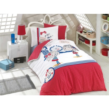 Lenjerie de pat 1 persoană roșie cu design vesel, din bumbac 100% poplin, set de 3 piese