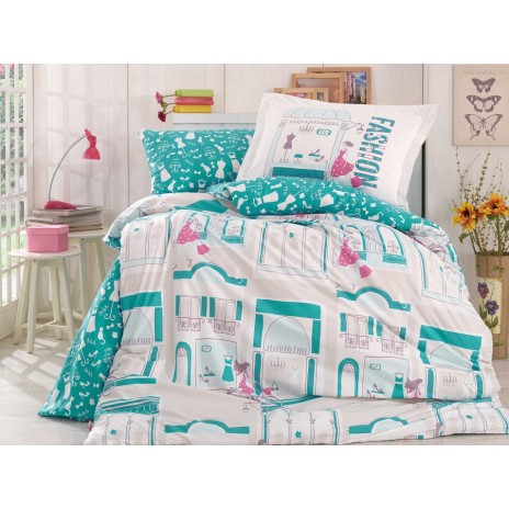 Lenjerie pat 1 persoană bumbac 100% poplin, Hobby Home, Sonia - Turquoise