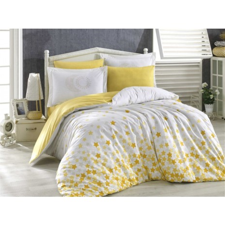 Lenjerie pat 1 persoana poplin percale, Hobby Home, Stars - Yellow