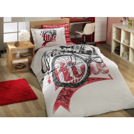 Lenjerie de pat 1 persoană albă cu model bicicletă, din bumbac 100% poplin, set de 3 piese