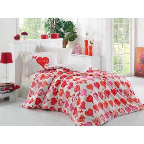 Lenjerie de pat 1 persoană roșie cu inimioare, din bumbac 100% poplin, set de 3 piese