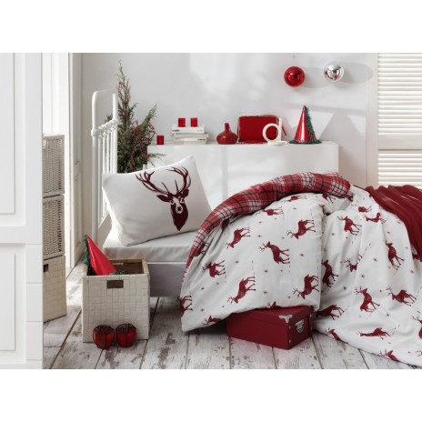 Lenjerie pat 1 persoana,  3 piese,  Eponj Home, Geyik - Claret Red