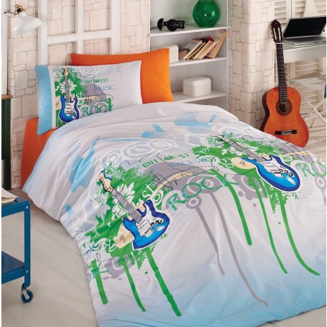 Lenjerie de pat 1 persoană albastru și verde cu design chitare, ambalată în cutie elegantă