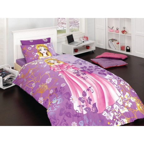 Lenjerie de pat 1 persoană mov și roz cu design prințesă și flori, ambalată în cutie elegantă