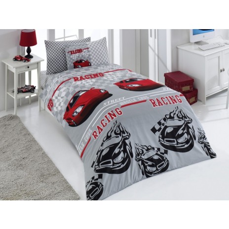Lenjerie de pat 1 persoană roșu și gri cu design mașini de curse, ambalată în cutie elegantă