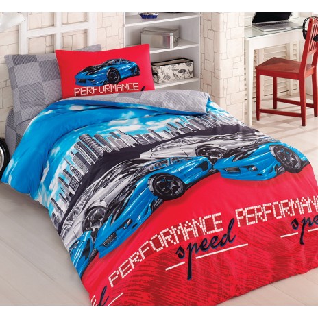 Lenjerie de pat 1 persoană roșu, albastru și gri cu design mașini sport, ambalată în cutie elegantă