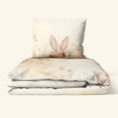 Lenjerie pat 1 persoana bumbac 100% Elon model floral pastel cu iepuras