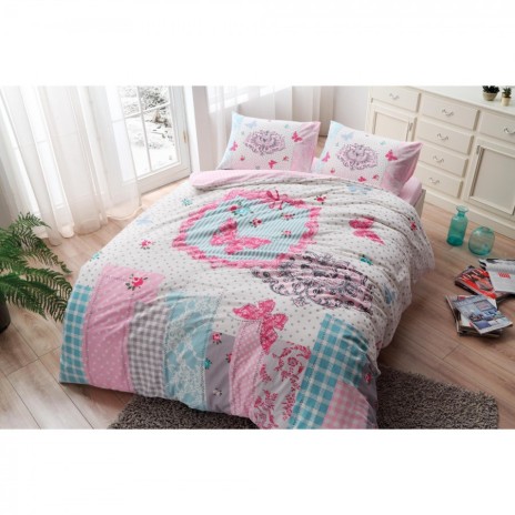 Lenjerie de pat 1 persoană cu fluturi și motive florale, ambalată în cutie elegantă