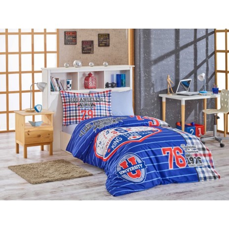 Lenjerie pat 1 persoana bumbac 100% poplin, Hobby Home, Collage Dark Blue